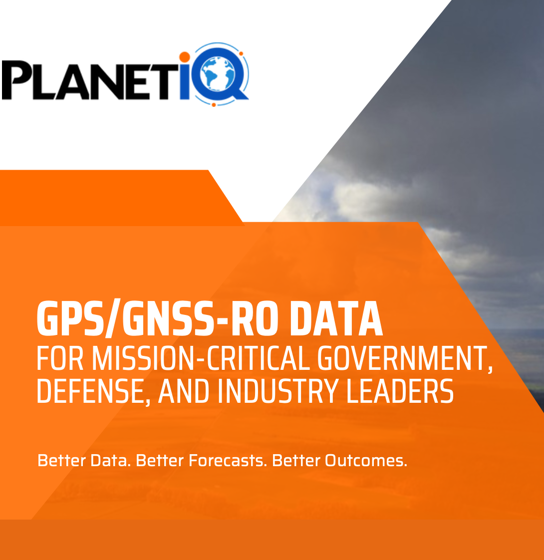 GPS/GNSS Radio Occultation (GPS-RO) data is collected when signals from GPS satellites are bent as they pass through Earth’s atmosphere, captured by PlanetiQ satellites in LEO, and translated into atmospheric and space weather profiles.