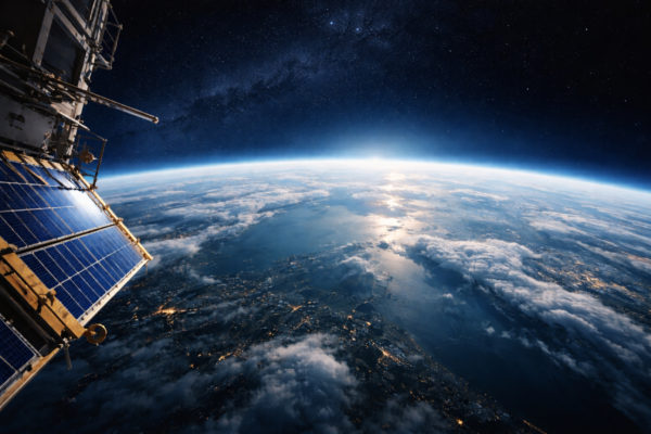 The planet Earth as viewed from a satellite orbiting Earth