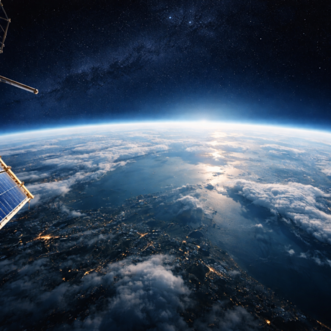 The planet Earth as viewed from a satellite orbiting Earth